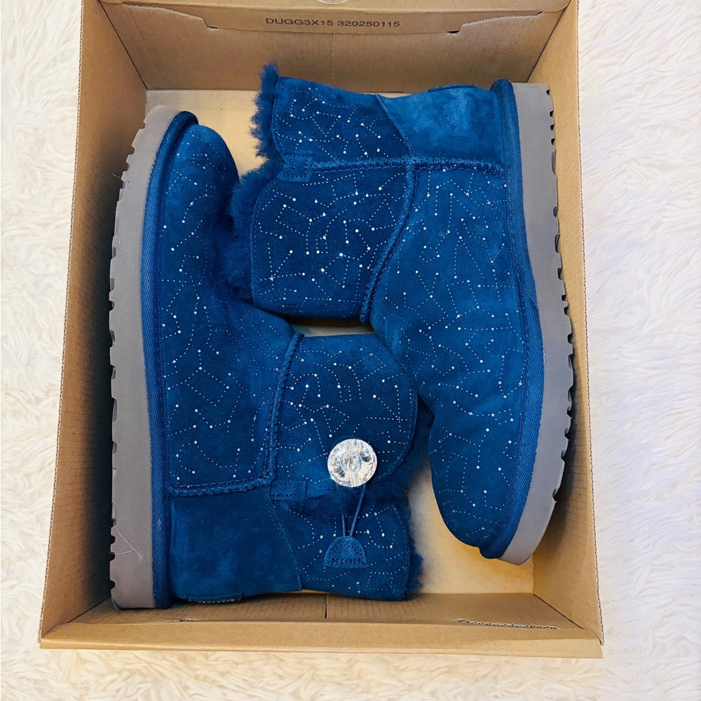UGG Navy Blue Crystal-Studded Suede Short Booties